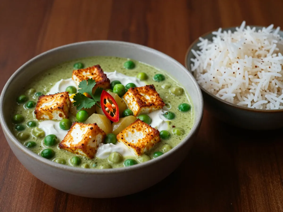 AI-generated photograph: A bowl of pea and paneer curry beside ginger rice