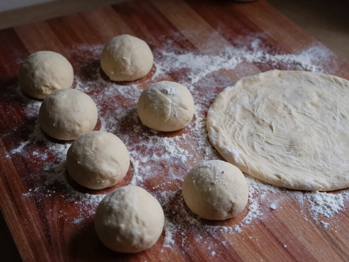 AI-generated photograph: Balls of pizza dough on a floured board beside a stretched base