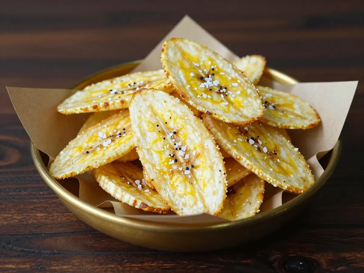 AI-generated photograph: A loose tumble of thin golden plantain chips in a small brass bowl lined with brown paper, flakes of sea salt and a dusting of red cayenne on top
