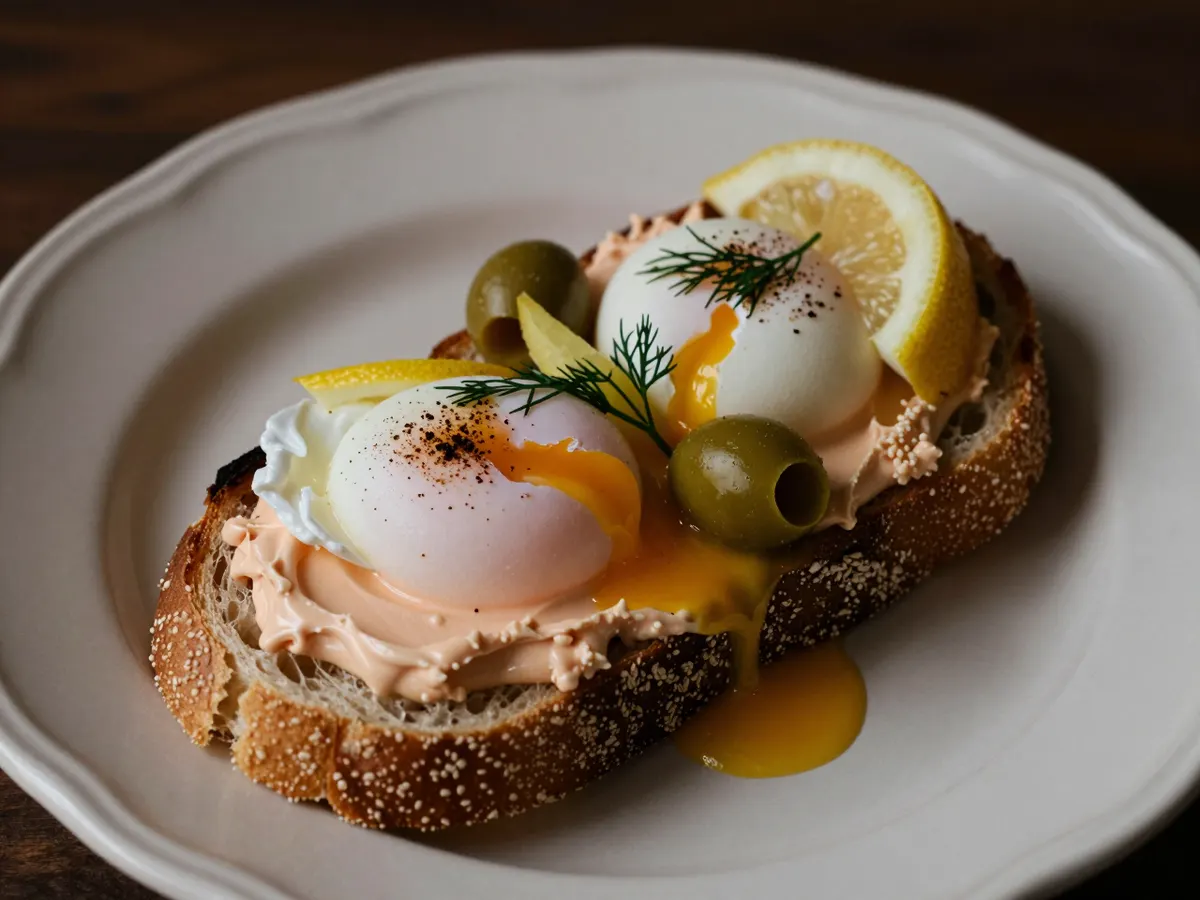AI-generated photograph: Two poached eggs on toast with spiced yoghurt and dill