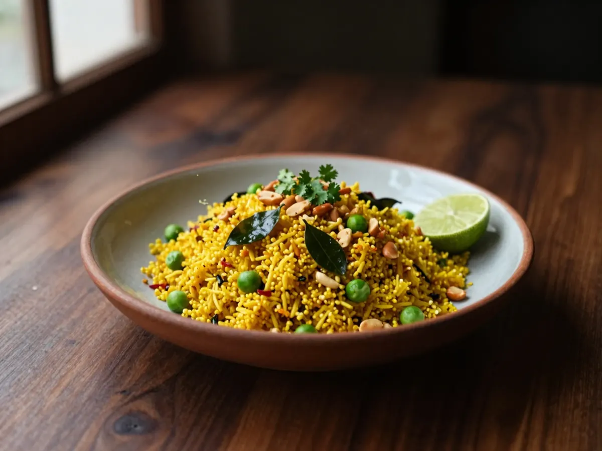 AI-generated photograph: Golden yellow poha piled in a shallow terracotta bowl, dotted with green peas, dark curry leaves and toasted peanuts, chopped coriander on top and a lime wedge at the side