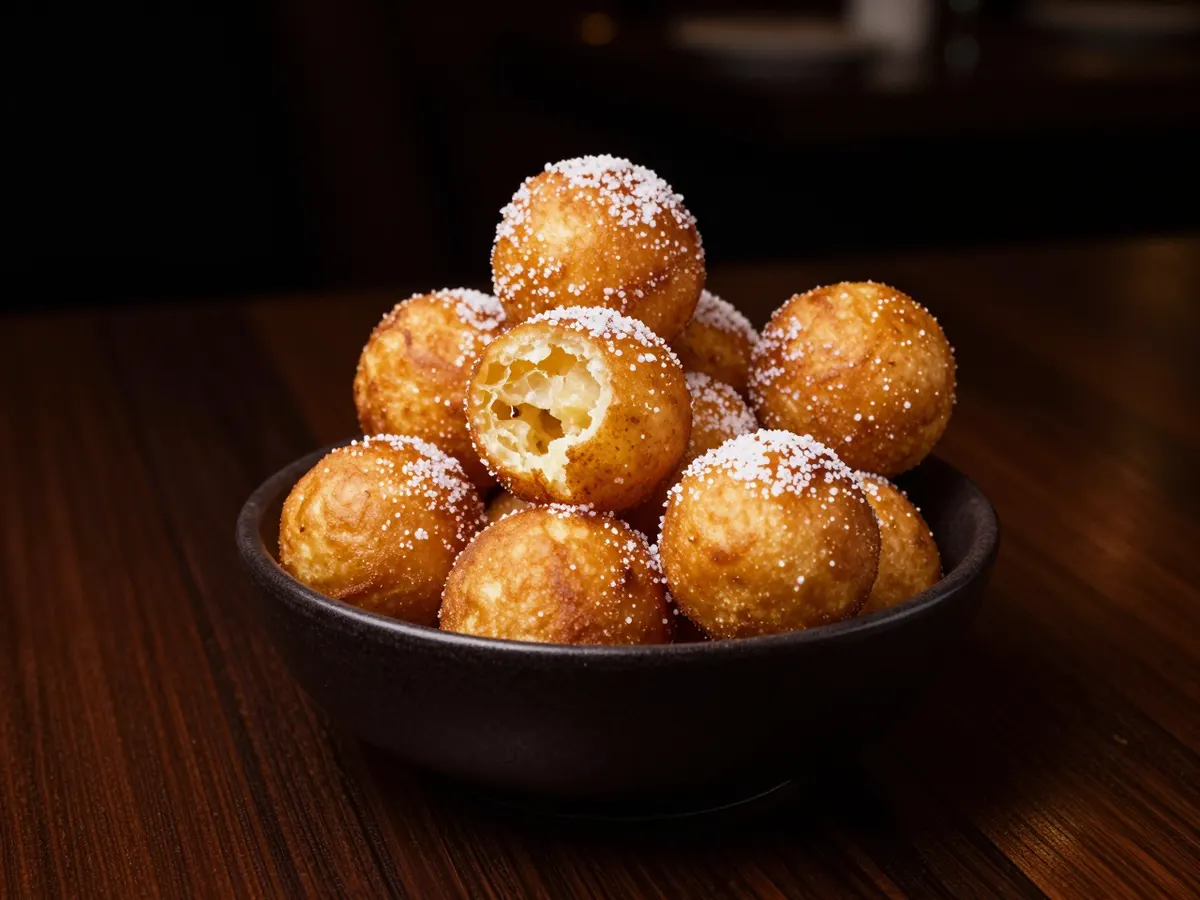 AI-generated photograph: Golden puff puff rolled in sugar, piled in a small pyramid in a matte black bowl, one torn open to show the soft white crumb
