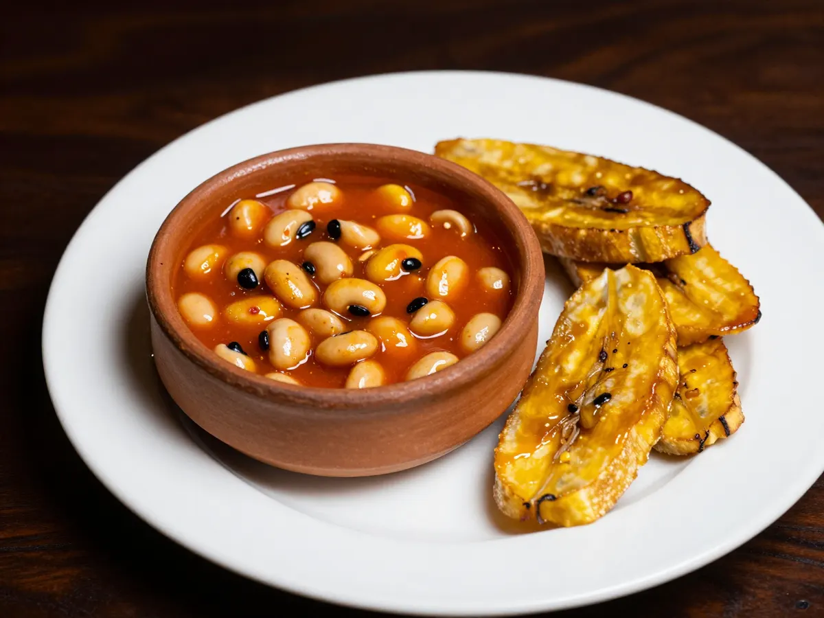 AI-generated photograph: Red red black-eyed bean stew in a small terracotta bowl, glossy with palm oil, beside caramelised plantain slices on a matte white plate, sprinkled with golden gari