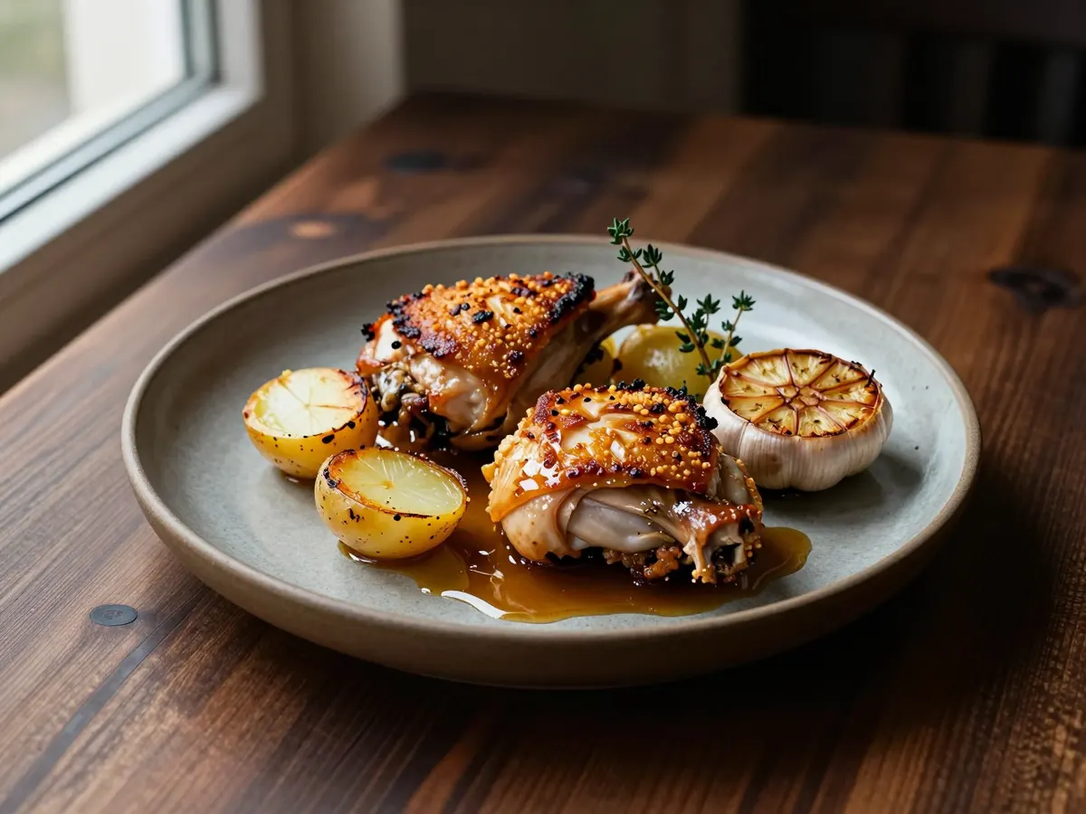 AI-generated photograph: Two golden crisp-skinned chicken thighs on soft roast leeks and potatoes on a warm stoneware plate, a roasted lemon half, glossy pan juices and bright green beans