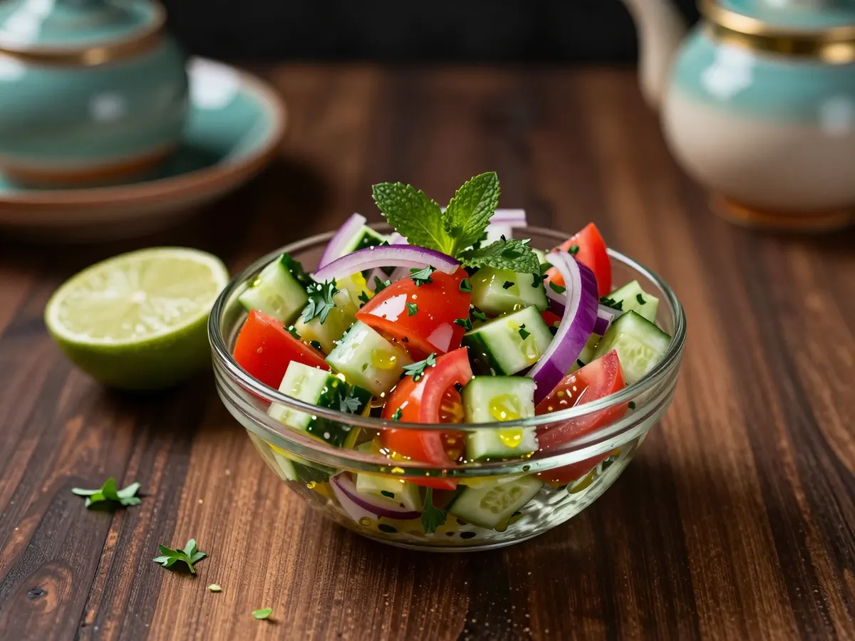 AI-generated photograph: A small clear glass bowl of finely diced cucumber, red tomato and red onion glistening with lime and olive oil, flecked with dried mint and chopped parsley