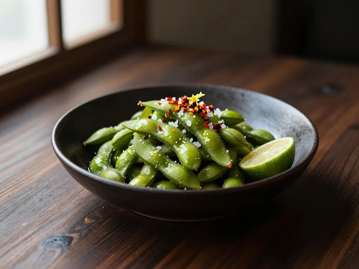 AI-generated photograph: Bright green edamame pods heaped in a small black stoneware bowl, glittering with flakes of sea salt and fine lime zest, a second empty bowl beside it for the pods