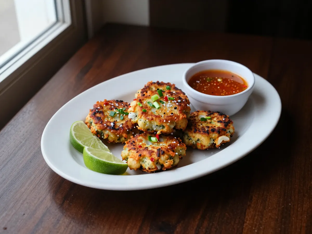 AI-generated photograph: Four golden saltfish fritters arranged in a line on a long white plate, a wedge of lime at one end and a scatter of sliced spring onion and thyme leaves