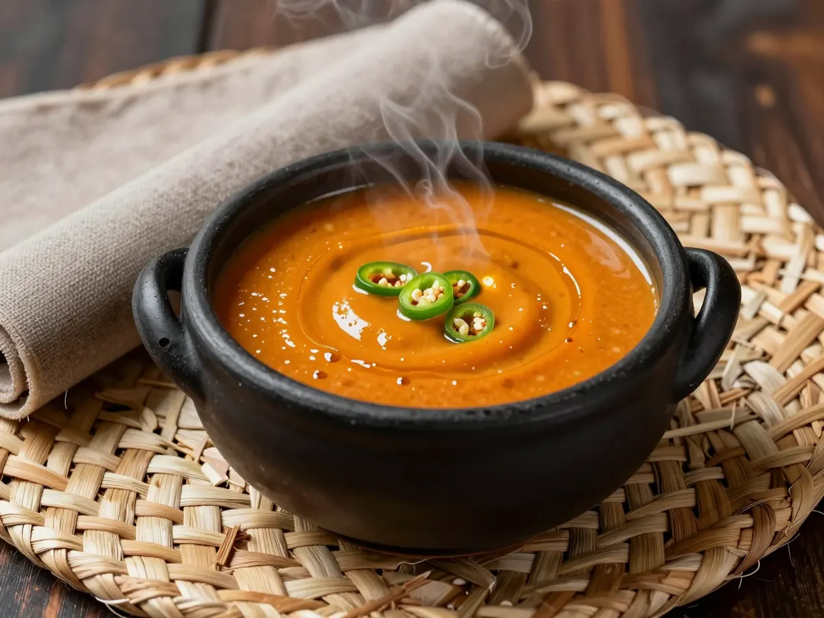 AI-generated photograph: A smooth velvety orange red chickpea stew poured into a small round terracotta bowl on its own, a thin swirl of oil on the surface and three thin strips of green chilli laid across the middle, seen from directly overhead on dark linen