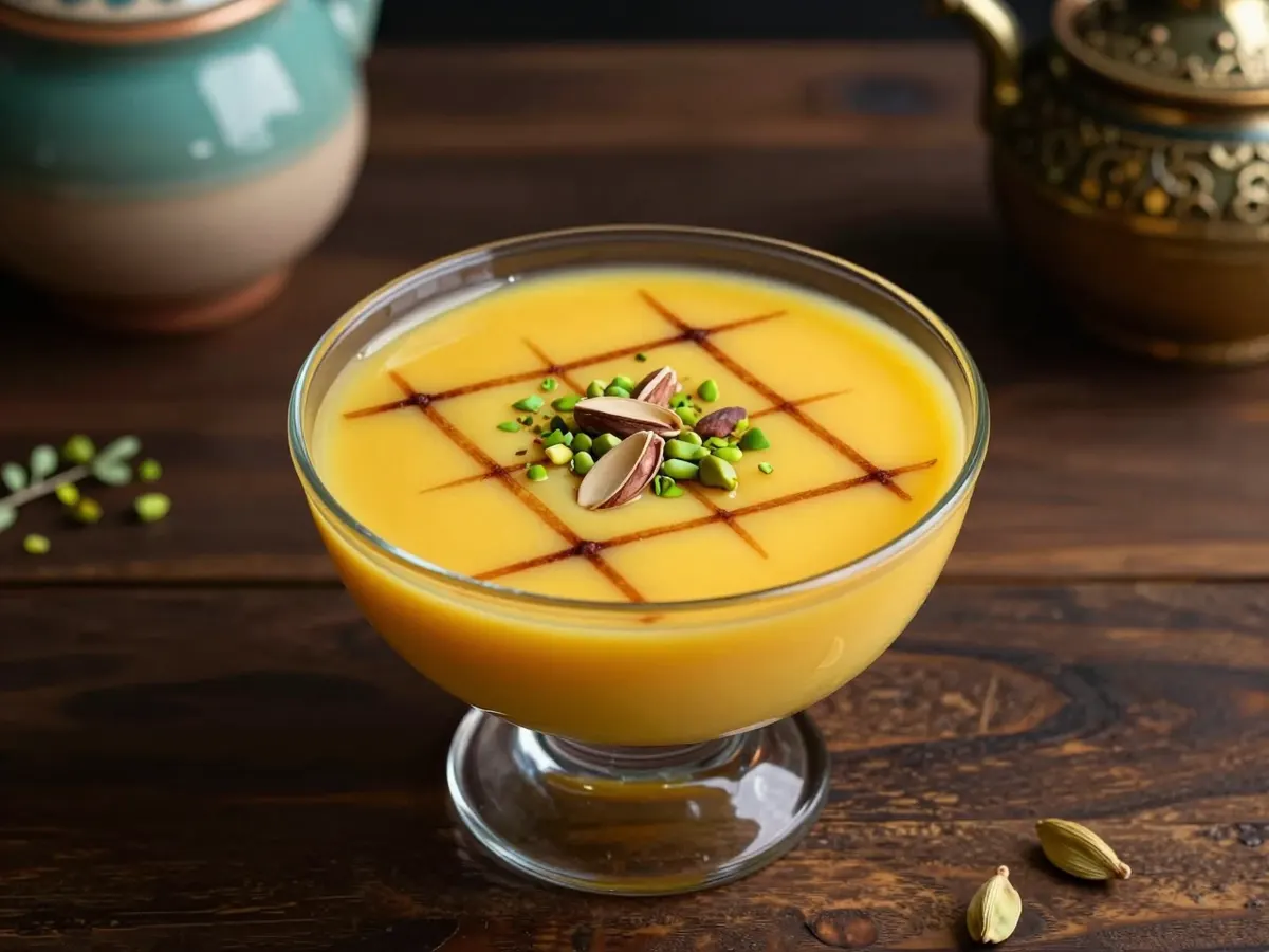 AI-generated photograph: A small footed glass bowl of smooth saffron yellow rice pudding with a fine lattice of cinnamon lines on top, slivered almonds and bright green chopped pistachios at the centre