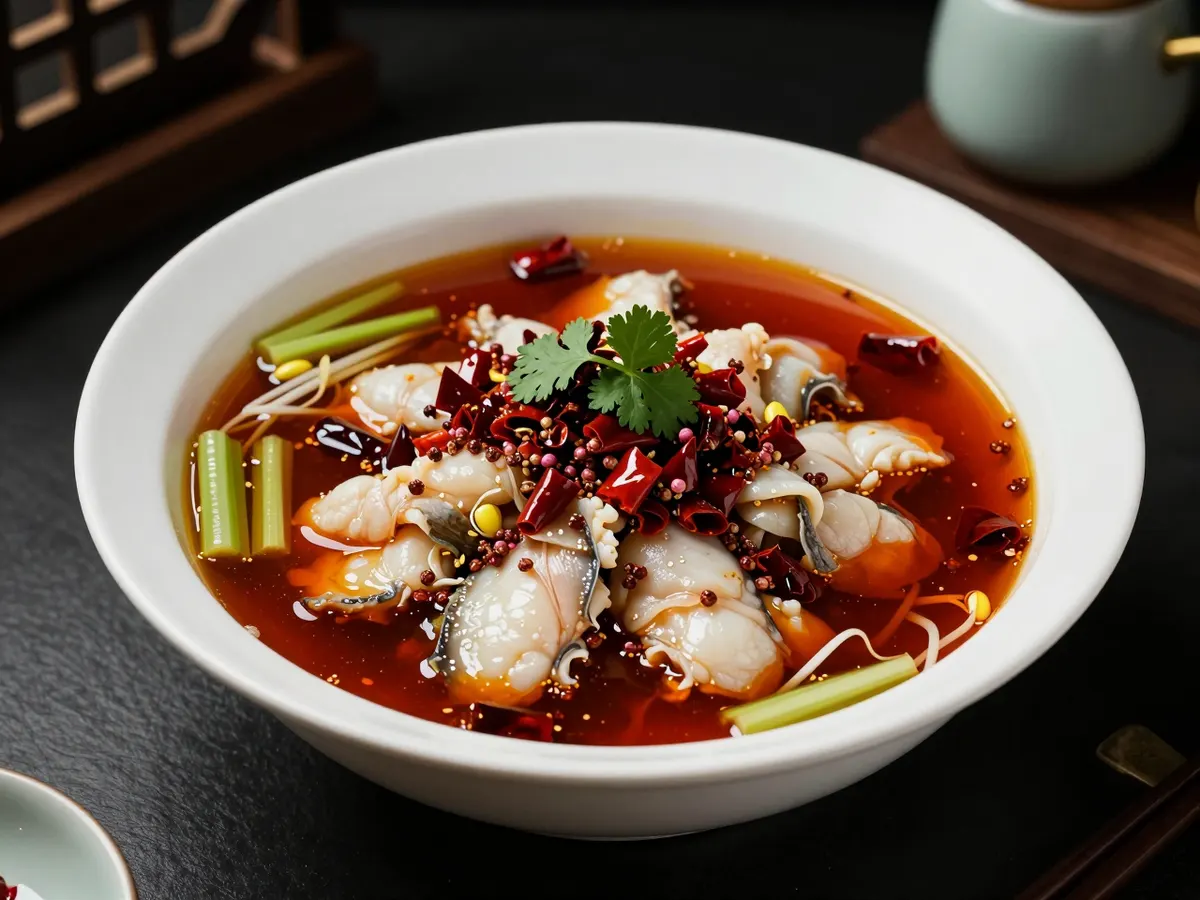 AI-generated photograph: A wide deep white bowl of tender white fish pieces in a shimmering red chilli broth, the surface heaped with dark red dried chillies and pink Sichuan peppercorns glistening with oil, pale celery and beansprouts showing at the edges, coriander leaves on top, seen from a high three quarter angle