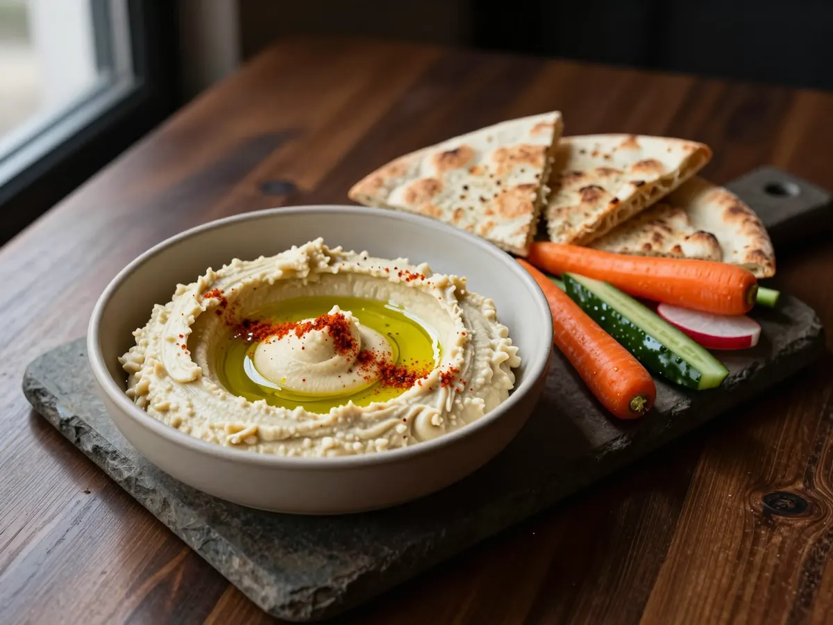 AI-generated photograph: Creamy hummus swirled in a shallow sand coloured ceramic bowl, a pool of green olive oil and a dusting of red paprika in the centre, warm flatbread wedges and bright carrot, cucumber, pepper and radish batons fanned beside it on a stone board