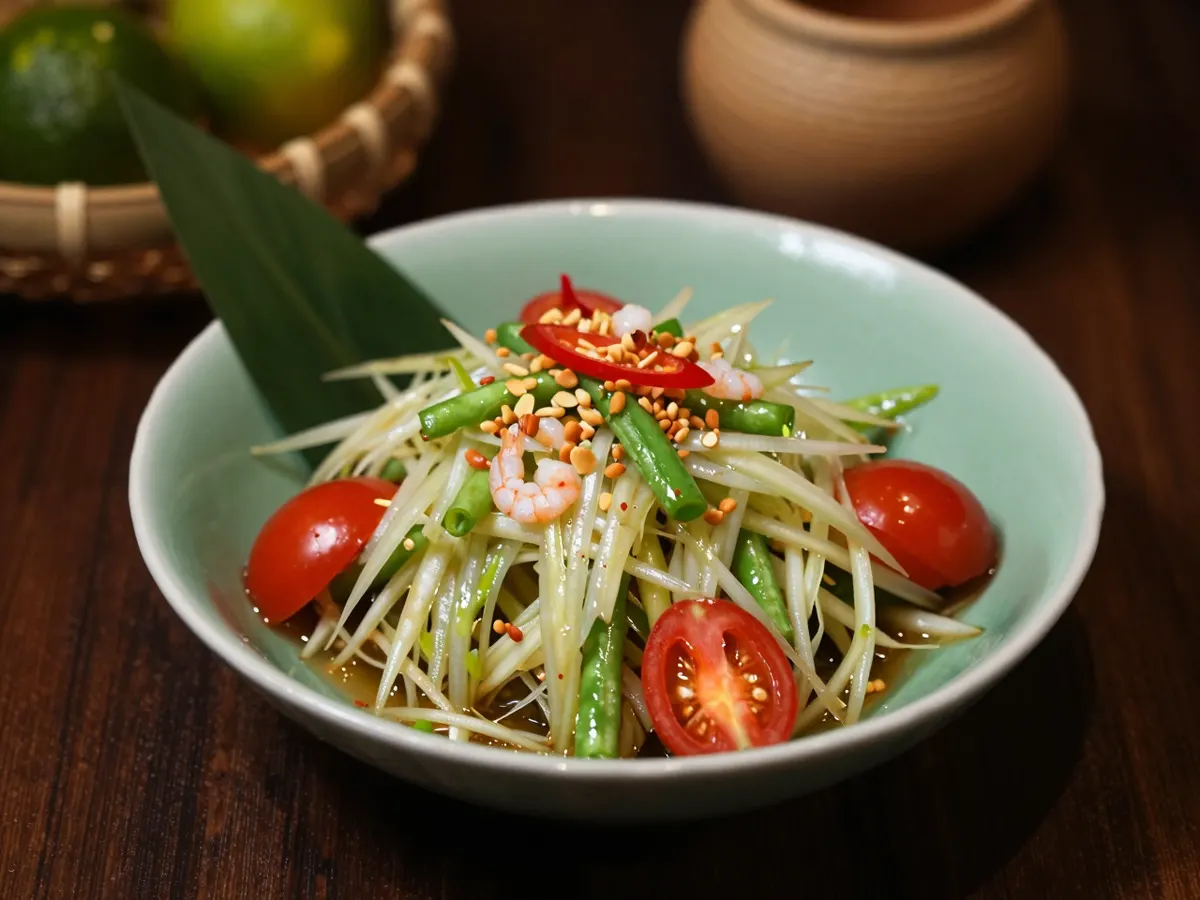 AI-generated photograph: A loose tangle of pale green papaya shreds glossy with dressing, split cherry tomatoes, short green beans and crushed peanuts piled high in a shallow celadon green glazed bowl, a few little gem leaves tucked at one side, seen from directly above