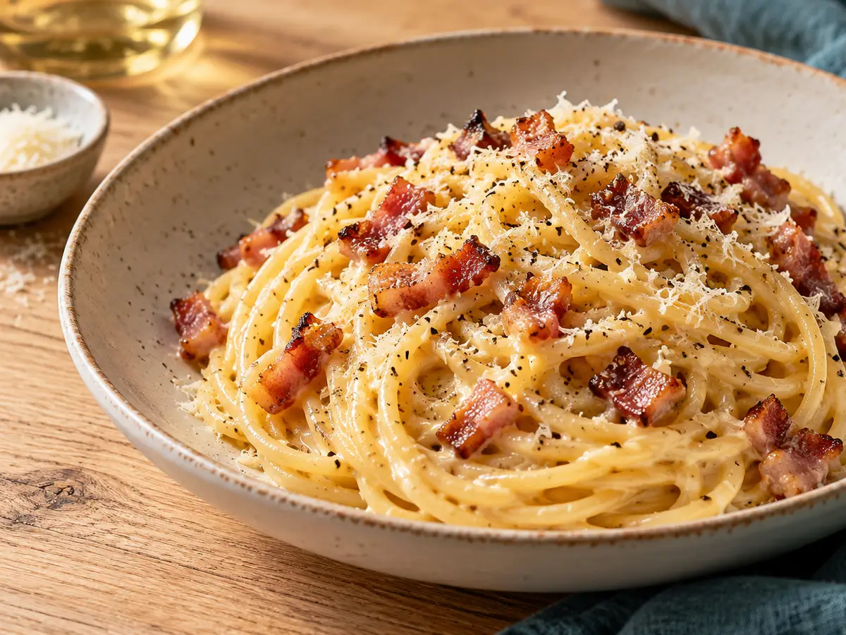 AI-generated photograph: Spaghetti carbonara with crisp pancetta and black pepper