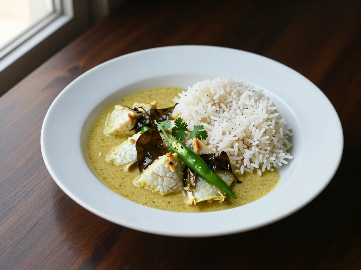 AI-generated photograph: Sri Lankan fish curry in a shallow white bowl, pale gold coconut sauce around chunks of white fish, dark curry leaves, slit green chillies and coriander, a neat mound of basmati rice to one side