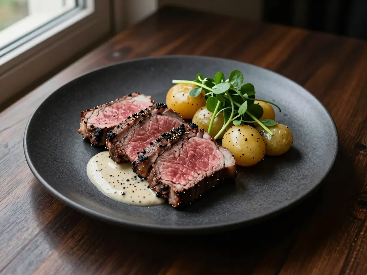 AI-generated photograph: Thick slices of pink sirloin fanned across a matte charcoal plate, a pool of ivory peppercorn sauce flecked with black pepper, a tangle of dark green watercress and golden new potatoes