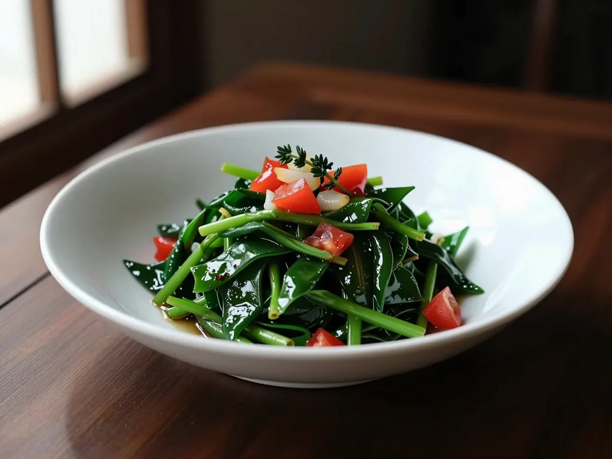 AI-generated photograph: Glossy dark green callaloo heaped in a shallow white bowl, flecked with red tomato and pale onion, a few thyme leaves on top