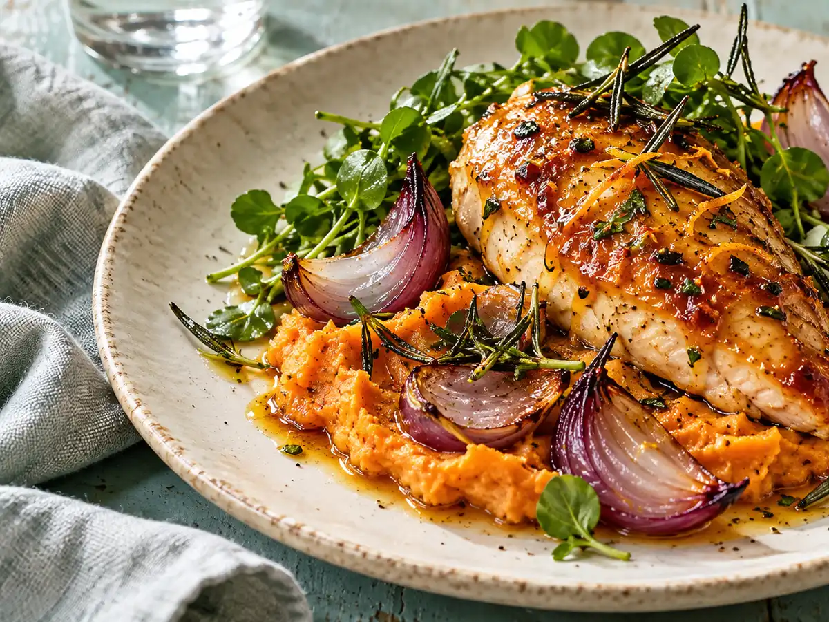 AI-generated photograph: Glazed orange chicken with sweet potato mash and watercress