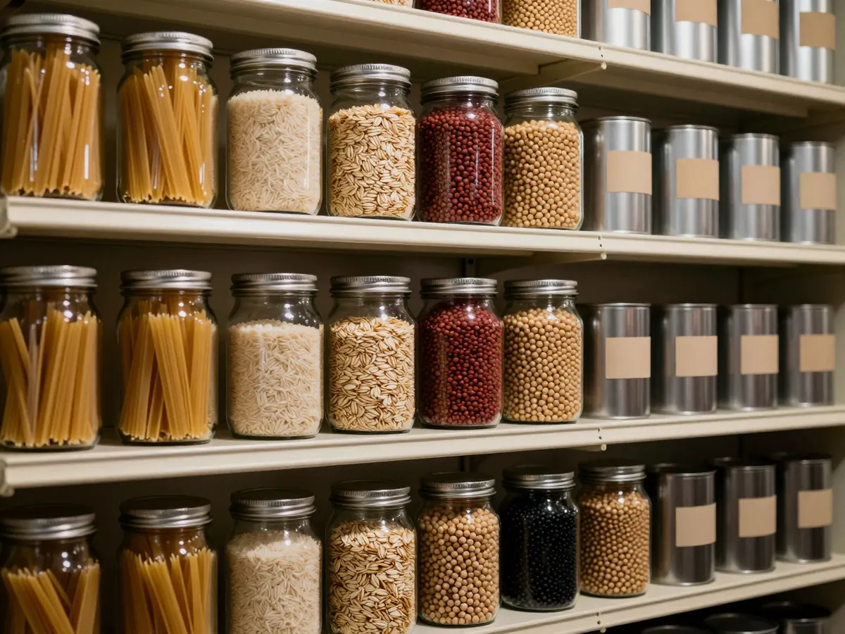 AI-generated photograph: Jars and tins neatly arranged on pantry shelves