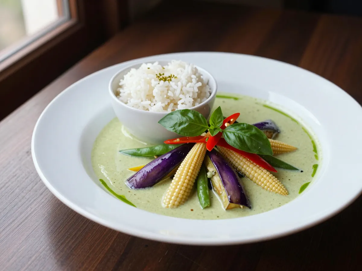 AI-generated photograph: A pale green coconut curry with purple edged aubergine, green beans, baby corn and red pepper in a shallow white bowl, basil leaves and red chilli rings on top, jasmine rice in a small bowl beside it