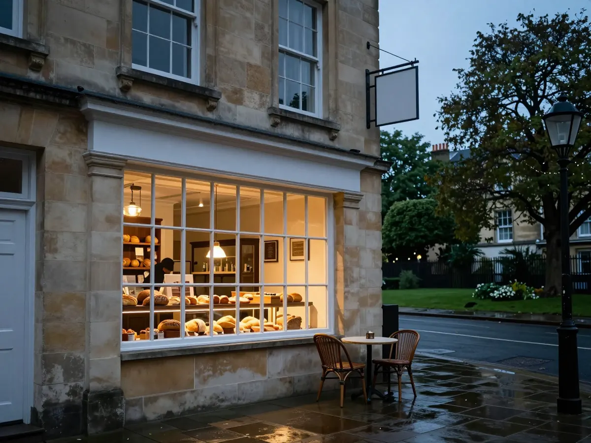 AI-generated photograph: A bakery café in a honey coloured stone terrace