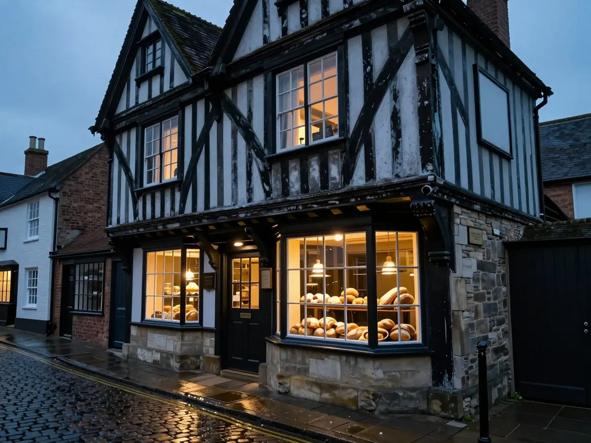 AI-generated photograph: A bakery café in a timber framed building on a narrow street