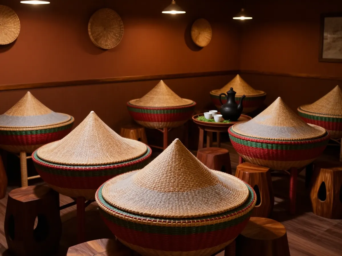 AI-generated photograph: A warm low lit Ethiopian dining room with woven basket tables, a large shared platter of injera and stews on each, and a coffee ceremony corner with a clay pot on a bed of grass