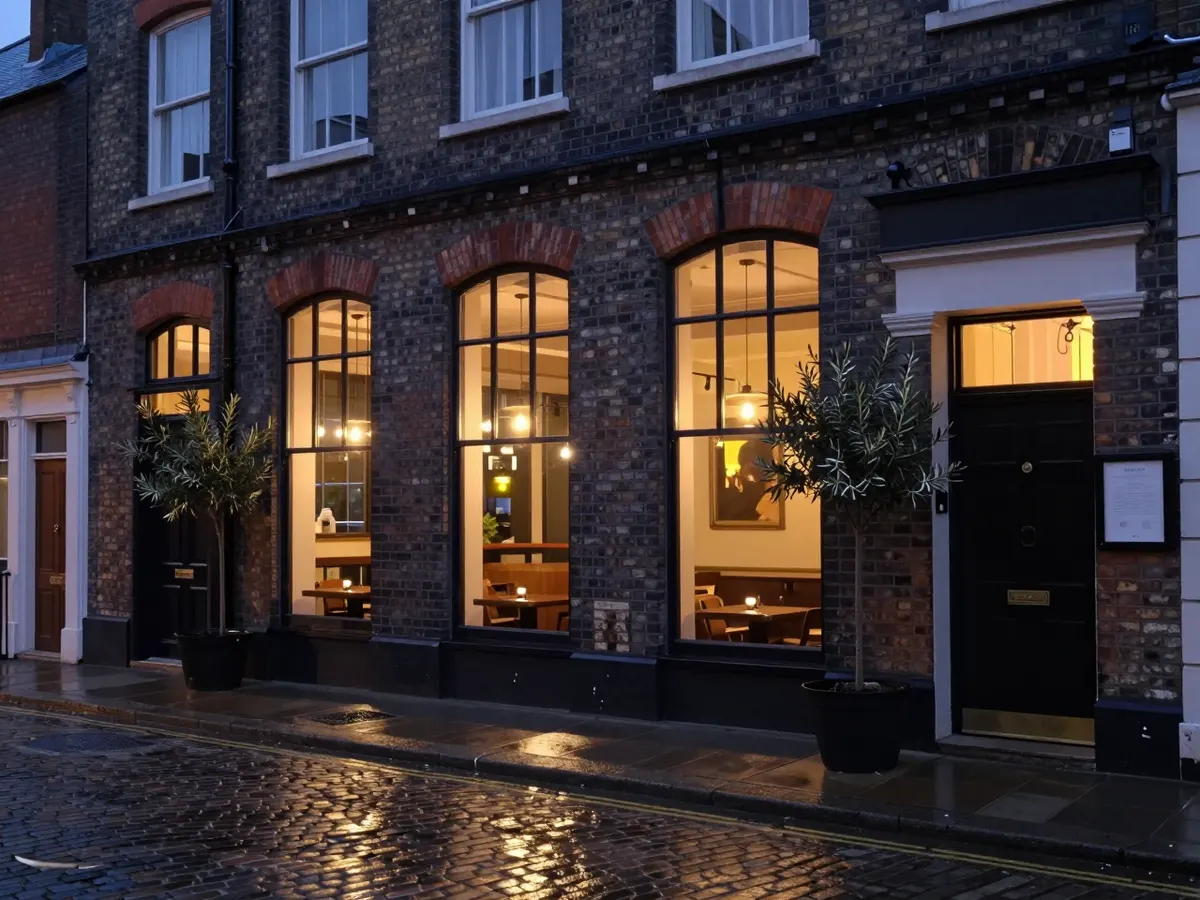 AI-generated photograph: An Ethiopian restaurant in a brick yard building at blue hour, its tall windows glowing warm amber