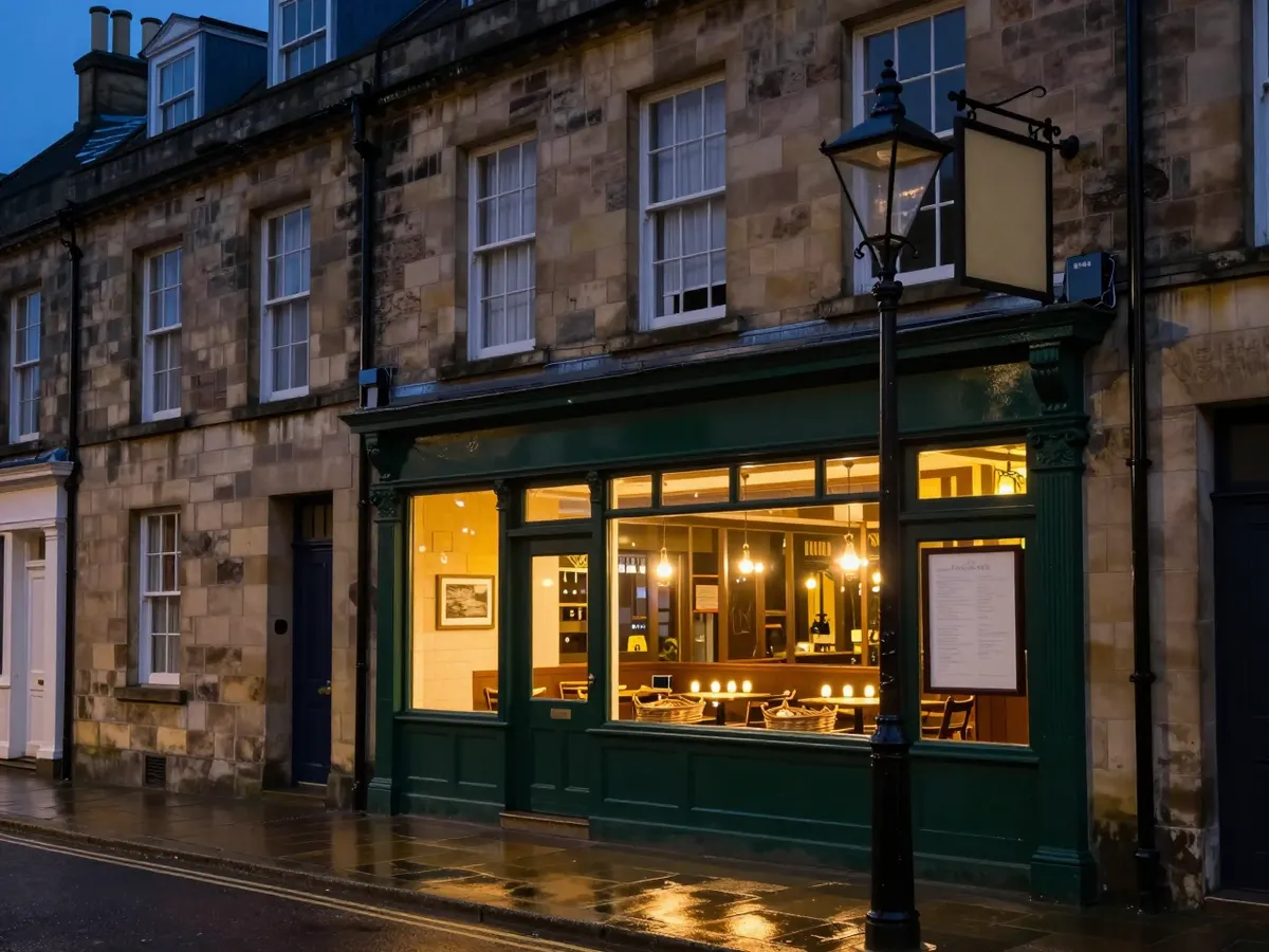 AI-generated photograph: An Ethiopian restaurant on a stone terrace at blue hour, warm light spilling from its windows onto wet paving