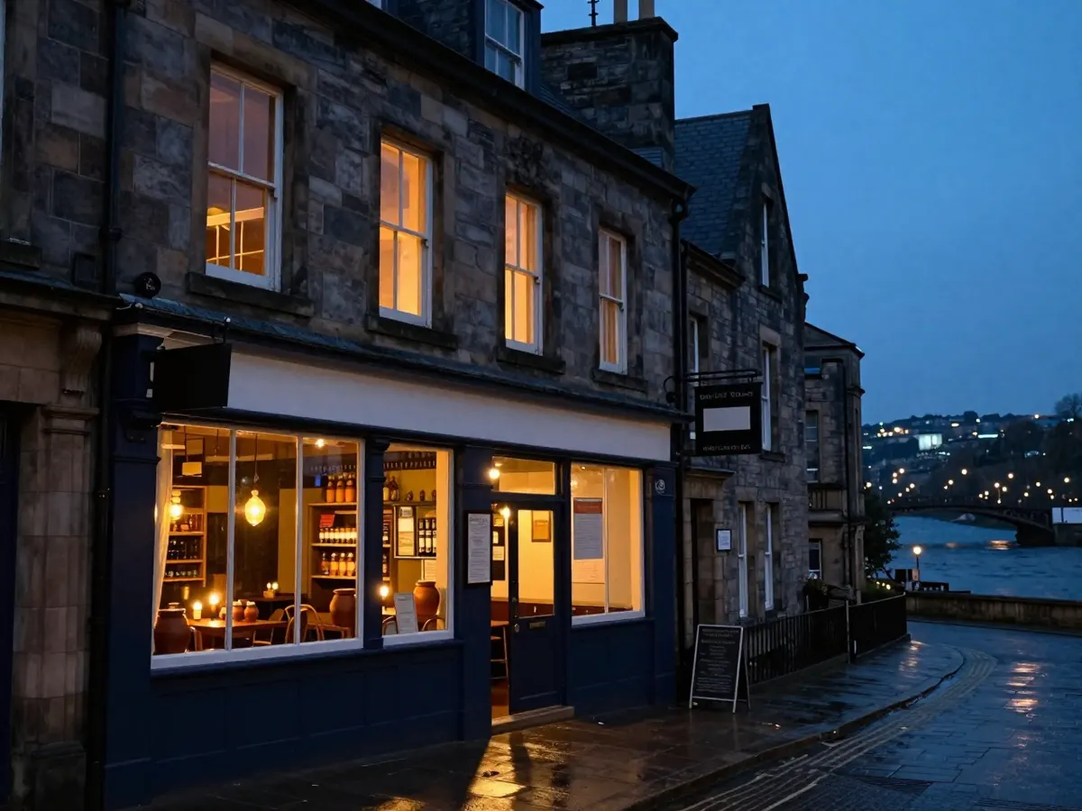 AI-generated photograph: A Georgian restaurant in a sandstone terrace on a steep Newcastle street at blue hour, its windows glowing warm