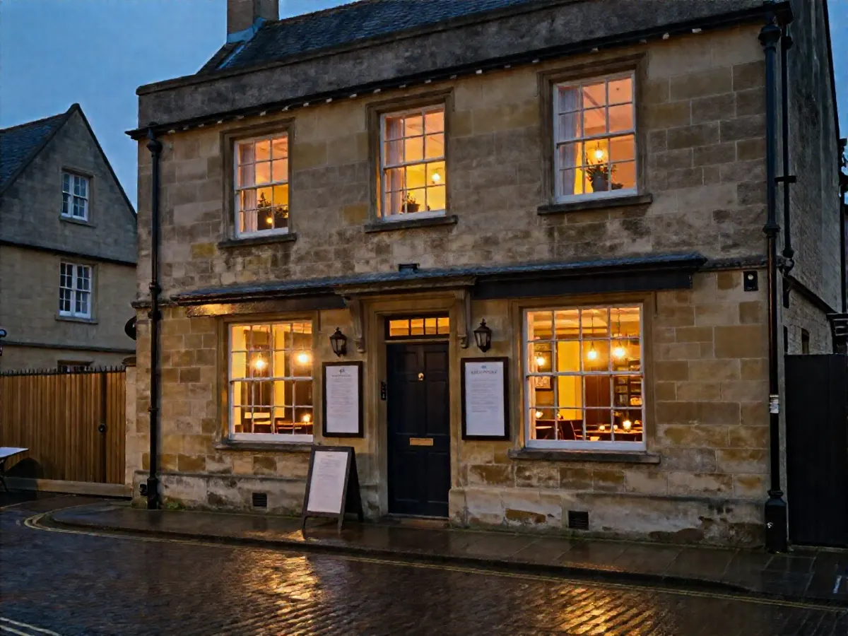AI-generated photograph: A Georgian restaurant in an old stone building on a cobbled Oxford yard at blue hour, its windows glowing warm