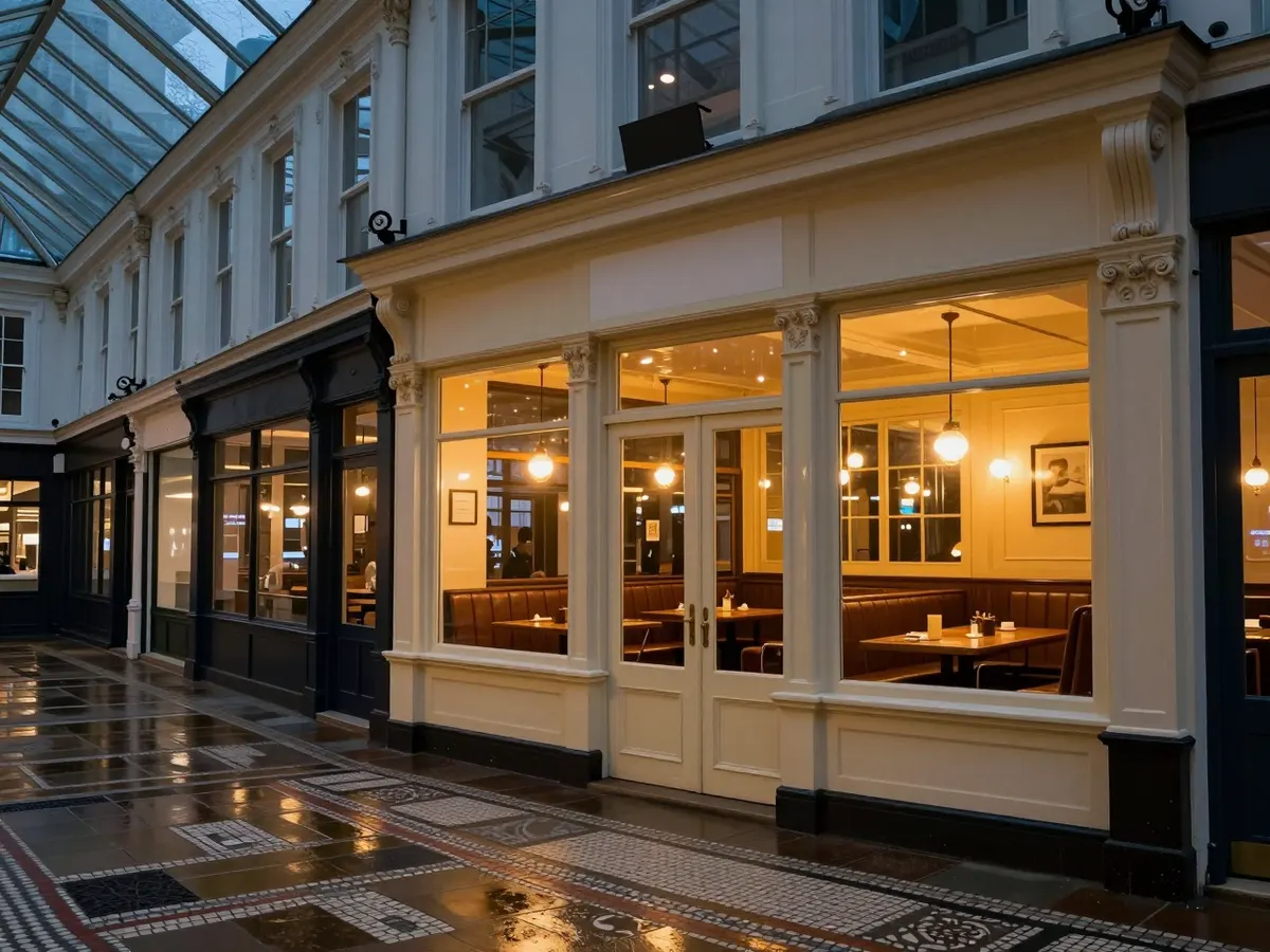 AI-generated photograph: A grill restaurant in a Victorian arcade with tiled floors