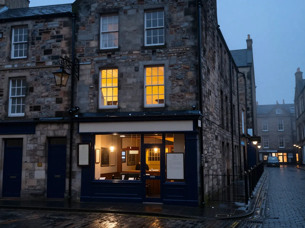 AI-generated photograph: A grill restaurant in a stone building on a cobbled close