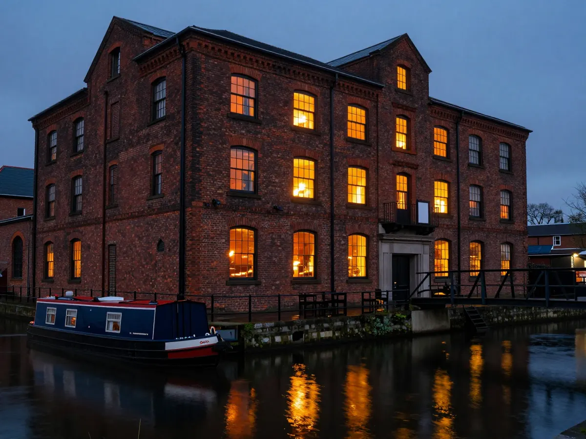 AI-generated photograph: A grill restaurant inside a red brick mill by a canal
