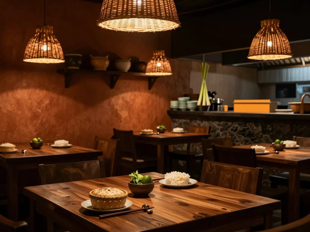 AI-generated photograph: A low lit dining room with dark teak tables, a small woven bamboo sticky rice basket on each one, clay mortars on open shelves and the glow of a charcoal grill from the open kitchen