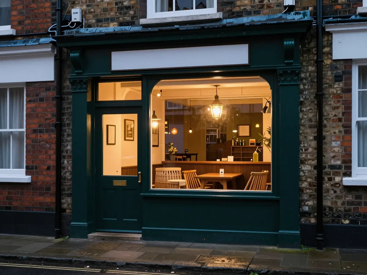 AI-generated photograph: A Thai restaurant in a narrow Victorian shopfront on a cobbled yard at blue hour