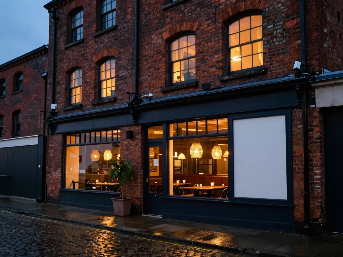 AI-generated photograph: A Thai restaurant in an old red brick warehouse with tall glowing windows at blue hour