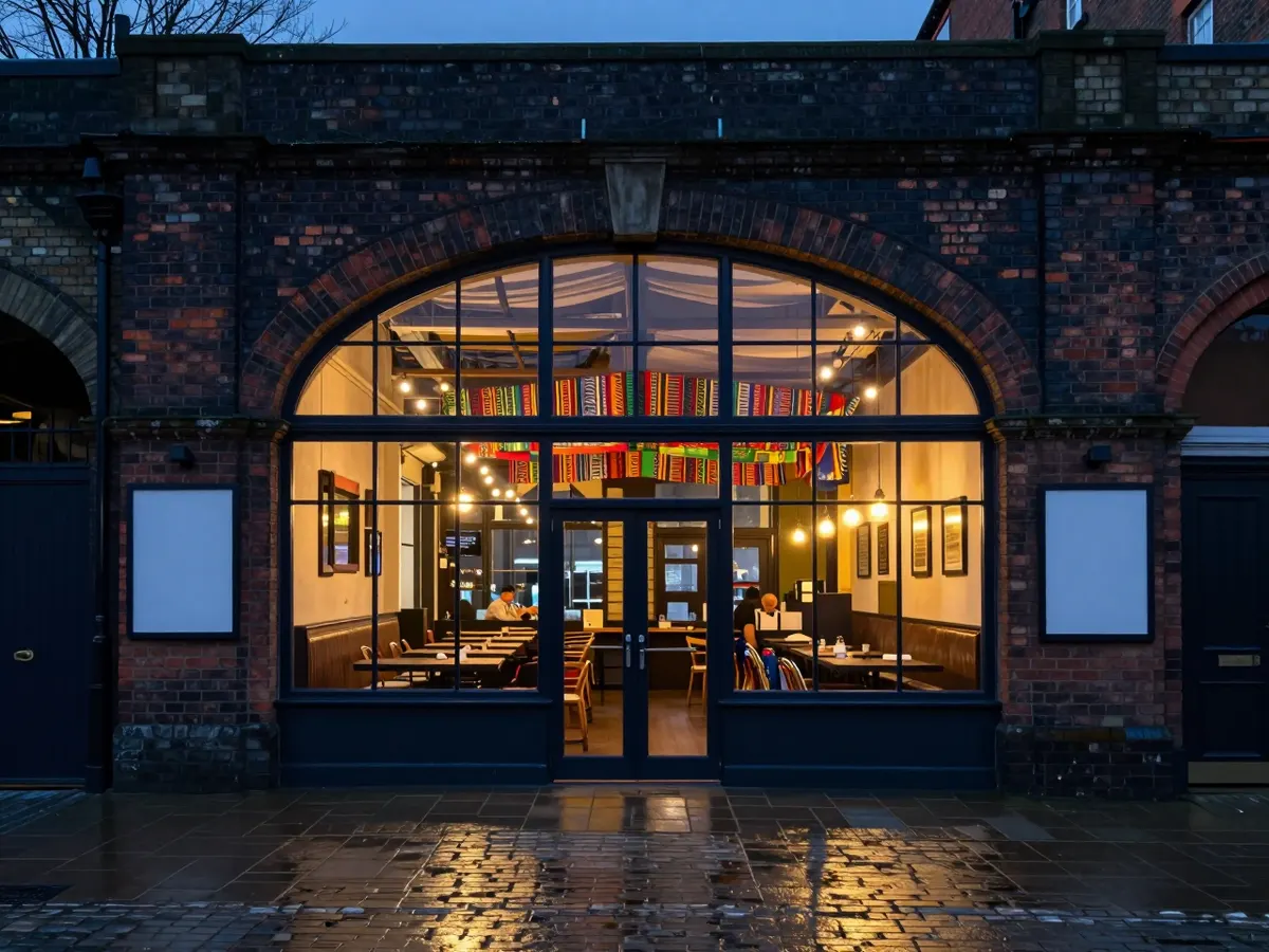 AI-generated photograph: A Nigerian restaurant inside a railway arch with string lights