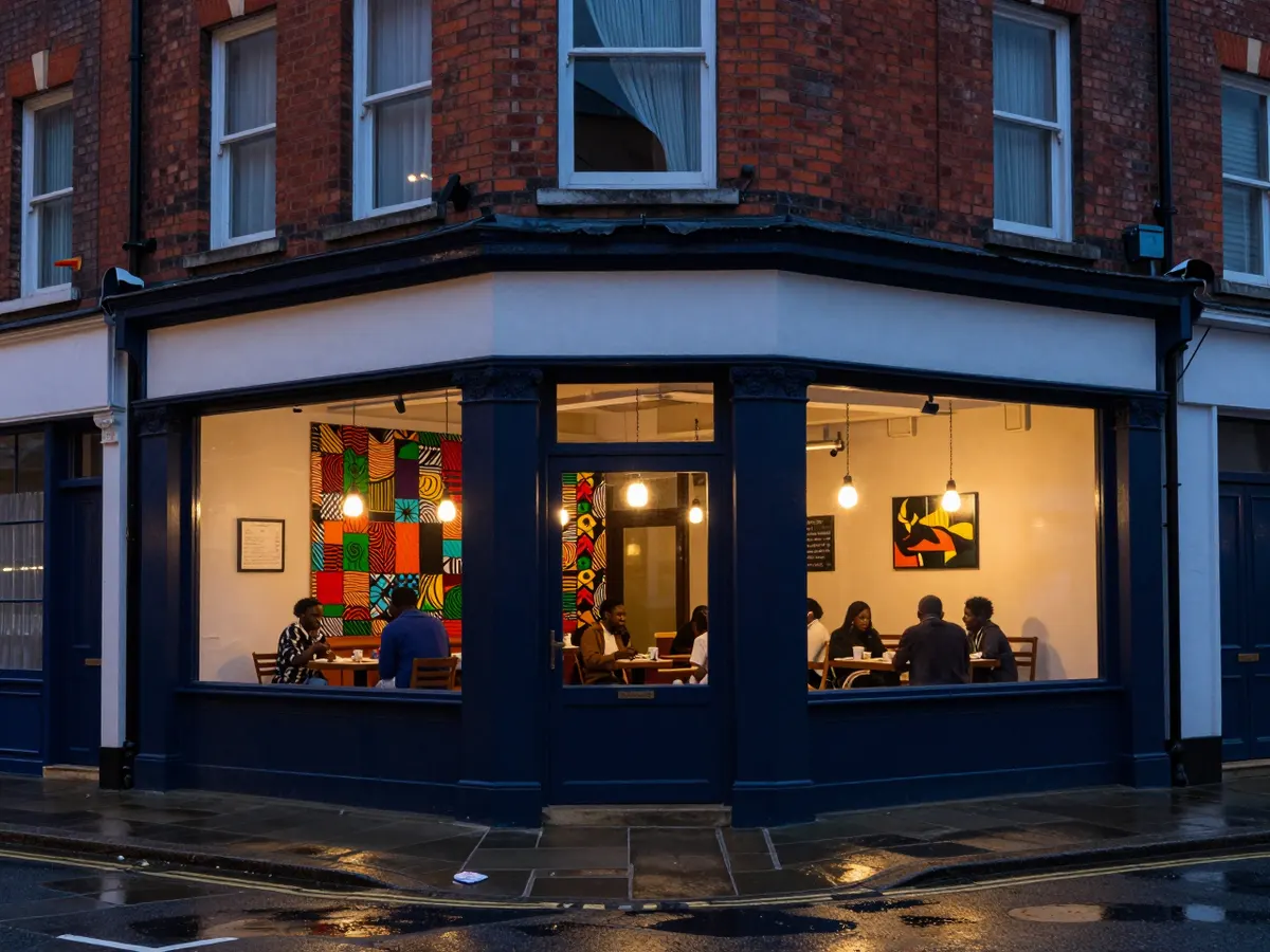 AI-generated photograph: A Nigerian restaurant in a red brick corner building at night