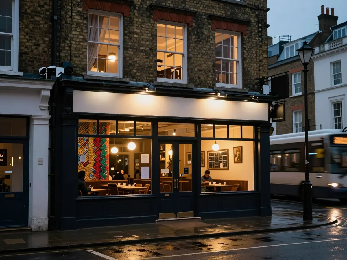 AI-generated photograph: A Nigerian restaurant shopfront with warm lights on a busy London high street