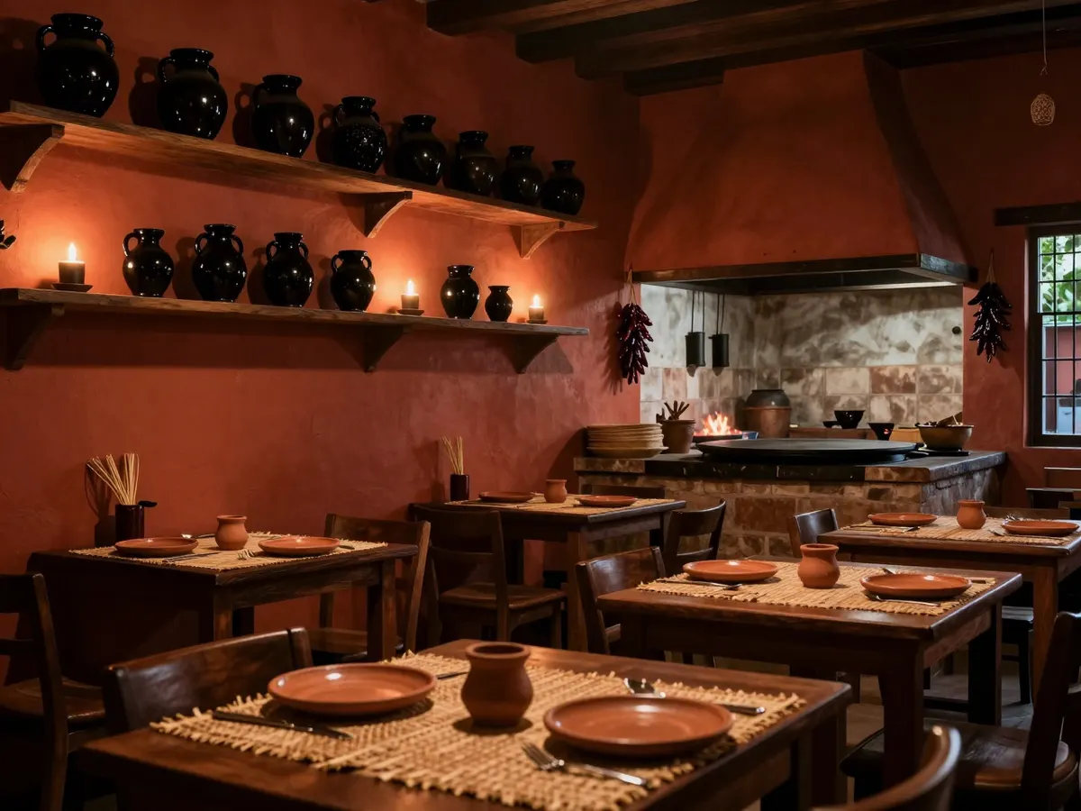 AI-generated photograph: A candlelit dining room with terracotta plaster walls, shelves of glossy black clay pots and a wide clay griddle on a hearth by the kitchen