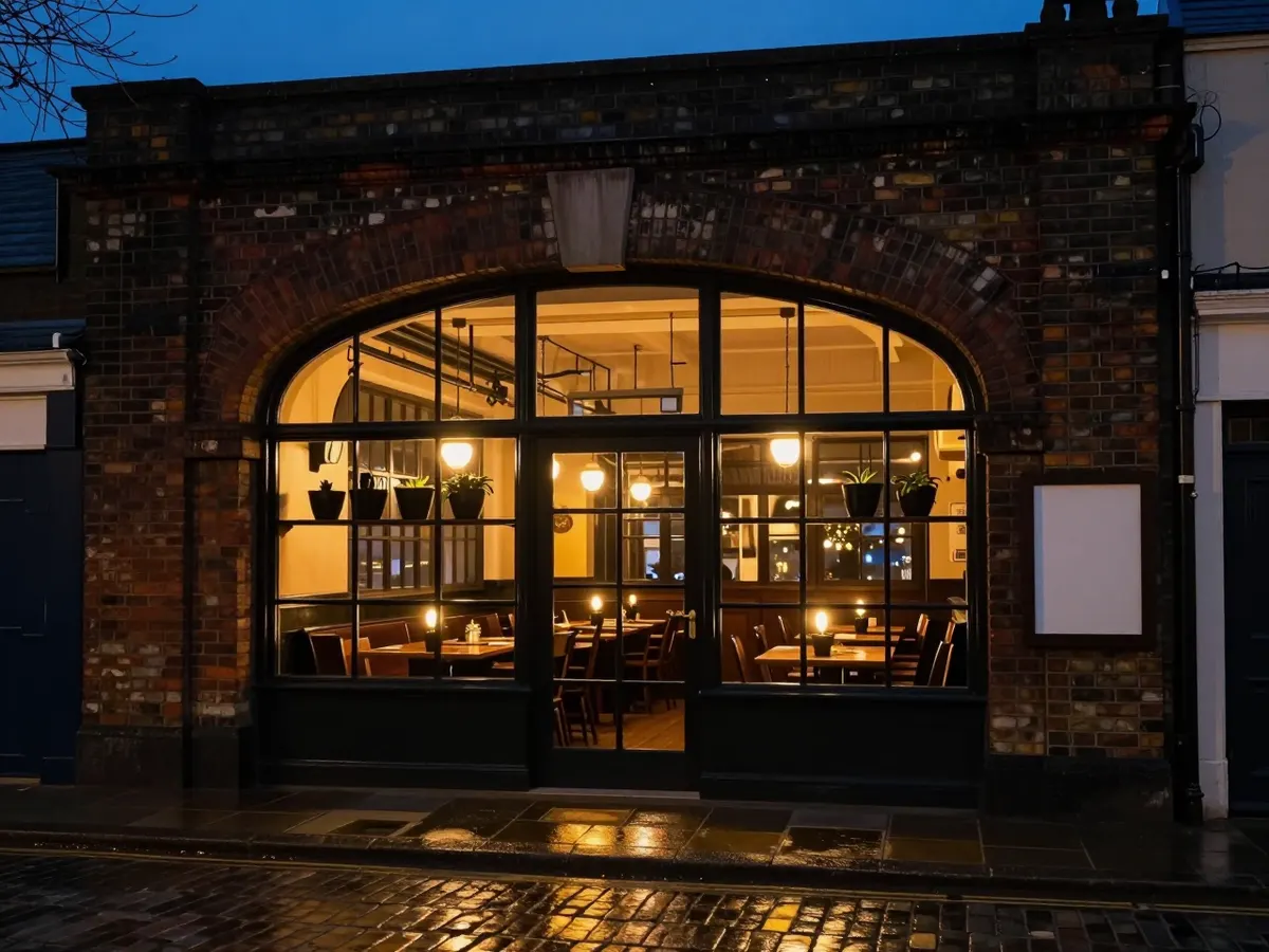 AI-generated photograph: A restaurant in a brick railway arch with a tall glazed front glowing amber at blue hour
