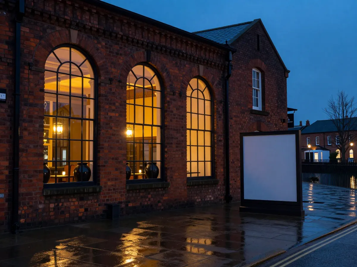 AI-generated photograph: A restaurant in a red brick former works building with warm lit windows at blue hour