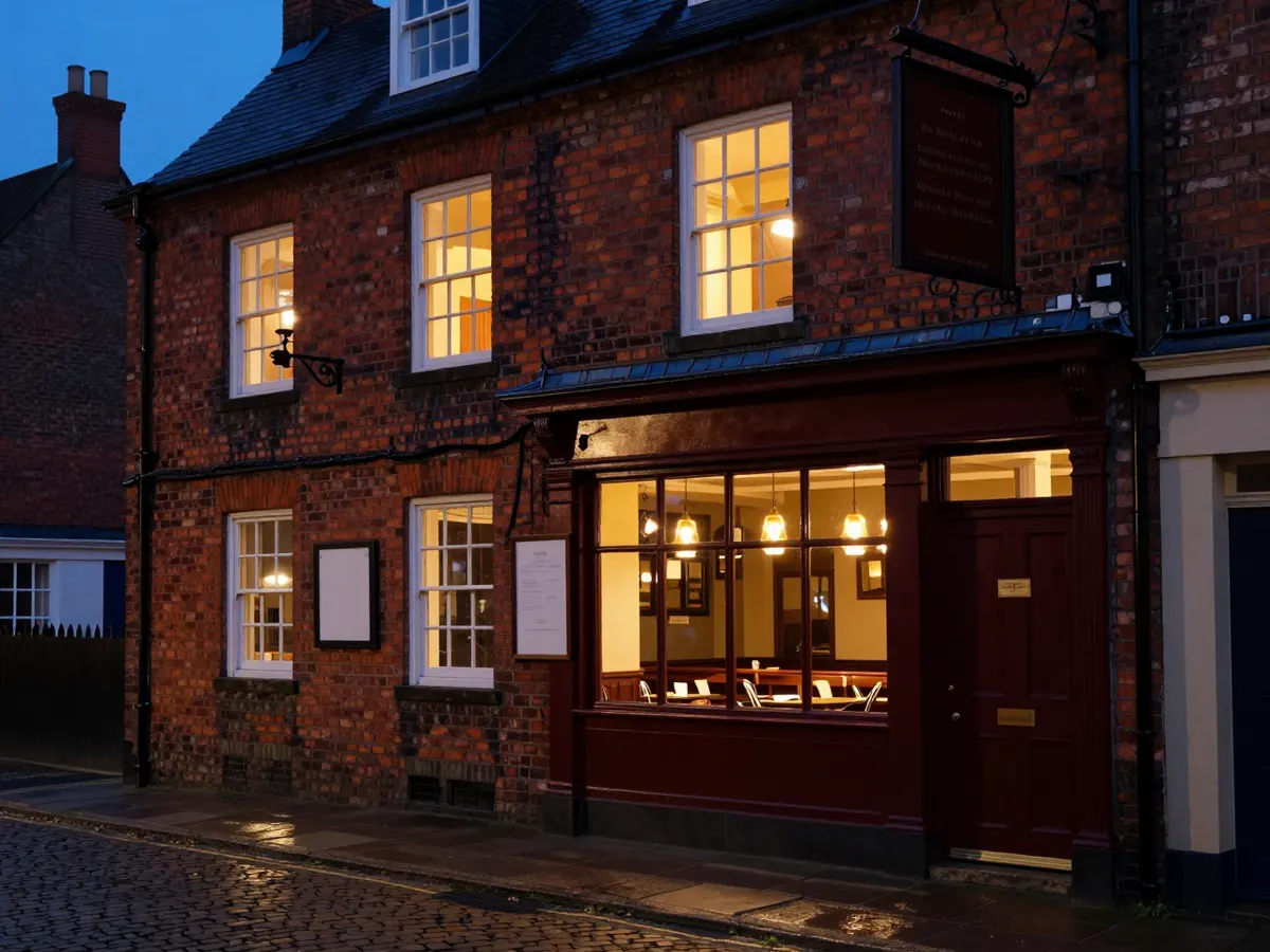 AI-generated photograph: A Persian restaurant in an old brick building on a cobbled yard at blue hour, its windows glowing warm gold