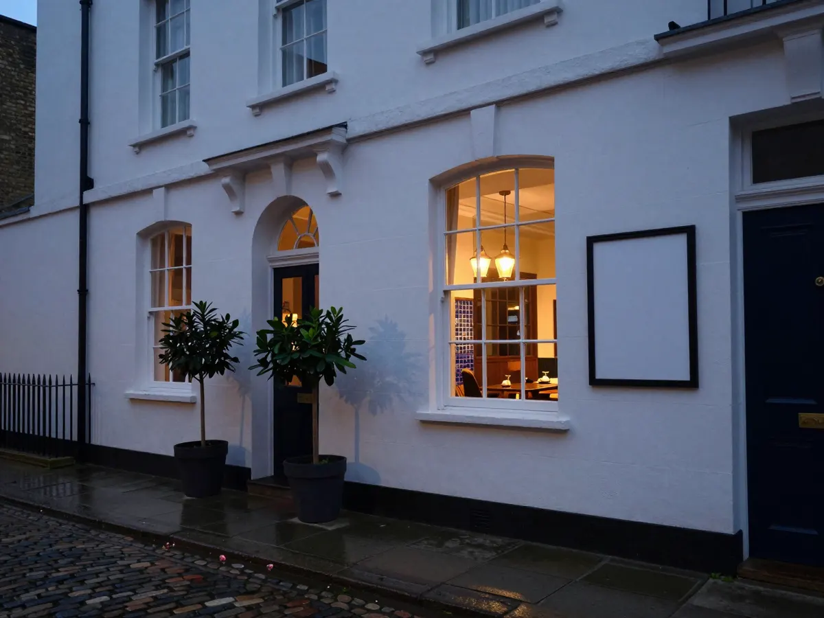 AI-generated photograph: A Persian restaurant in a white stucco mews house at blue hour, its tall windows glowing amber