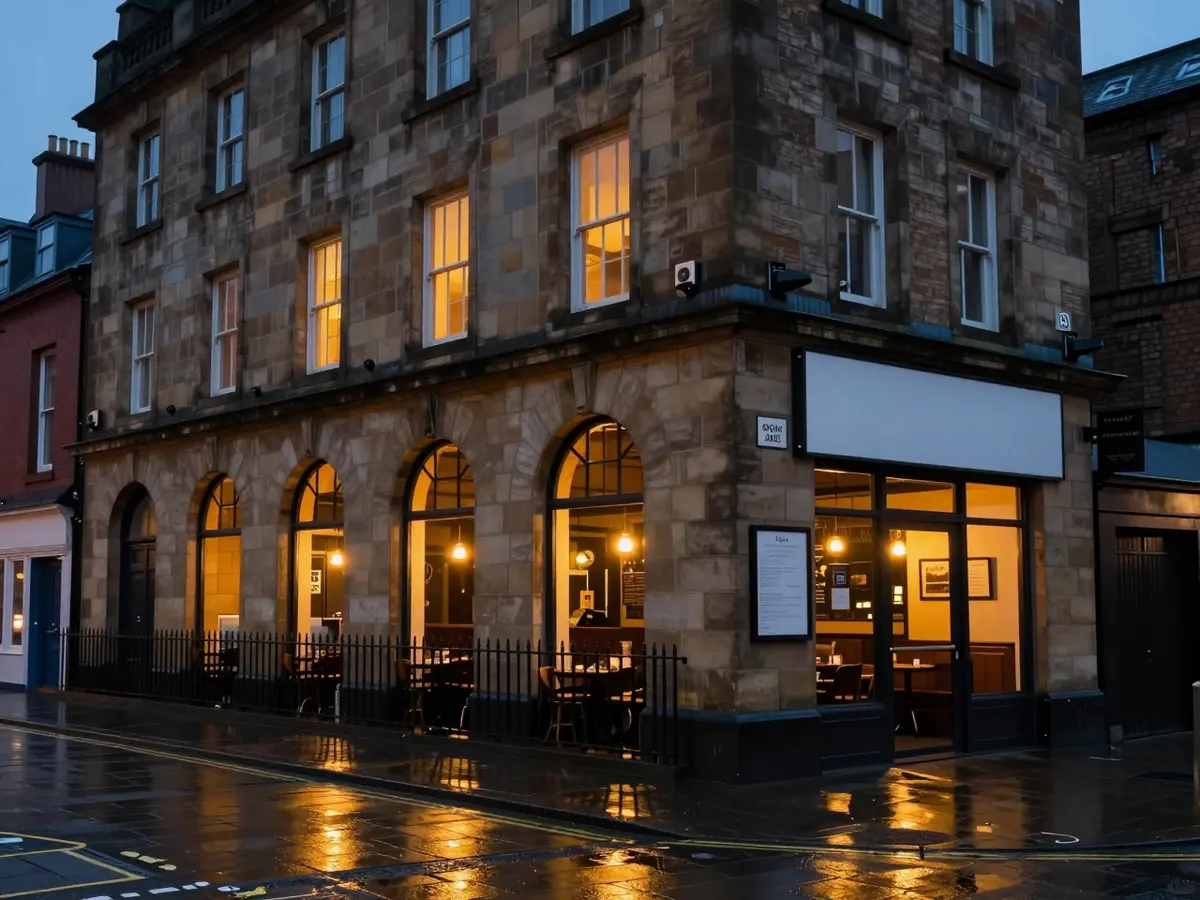 AI-generated photograph: A Sichuan restaurant in a sandstone warehouse building with warm lit windows on a Glasgow street at blue hour