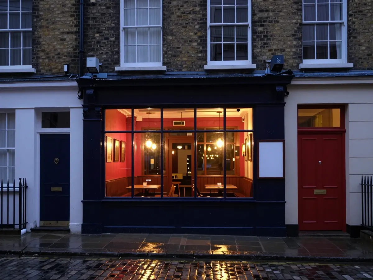 AI-generated photograph: A Sichuan restaurant with warm red light in its windows on a narrow Soho court at blue hour