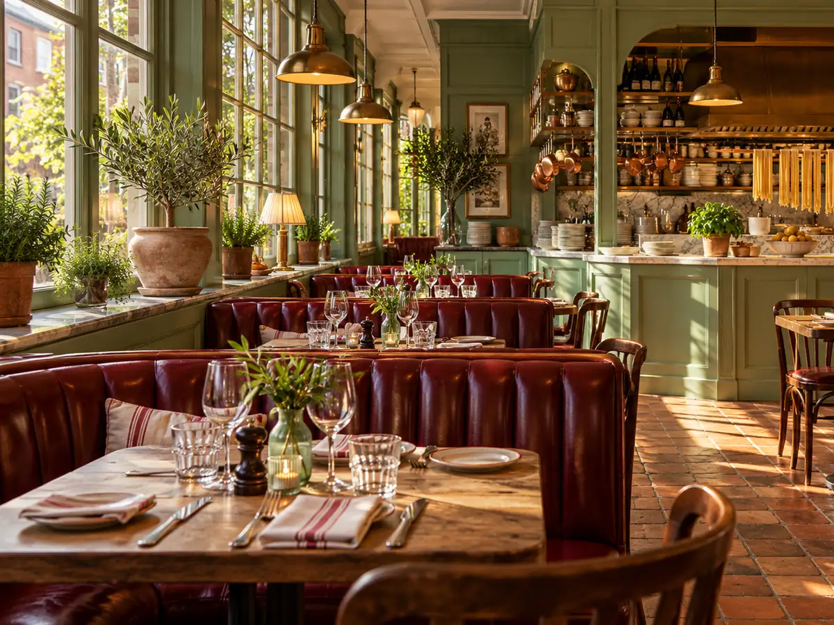 AI-generated photograph: A busy trattoria dining room with pasta on every table