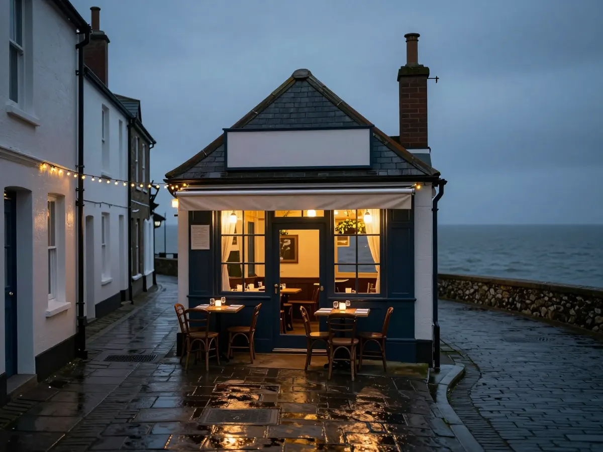 AI-generated photograph: A small trattoria on a narrow lane with outdoor tables