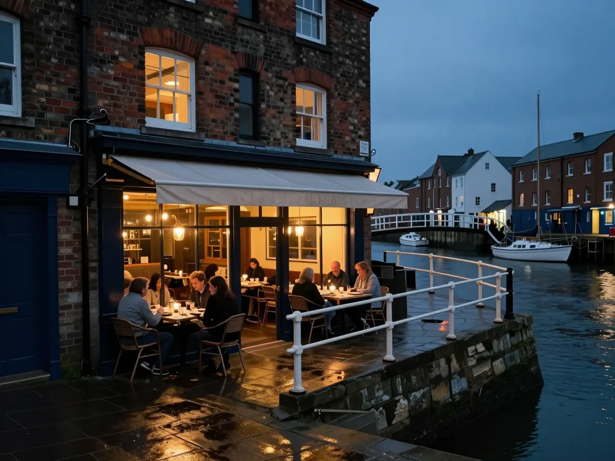 AI-generated photograph: A trattoria shopfront on a harbourside at dusk