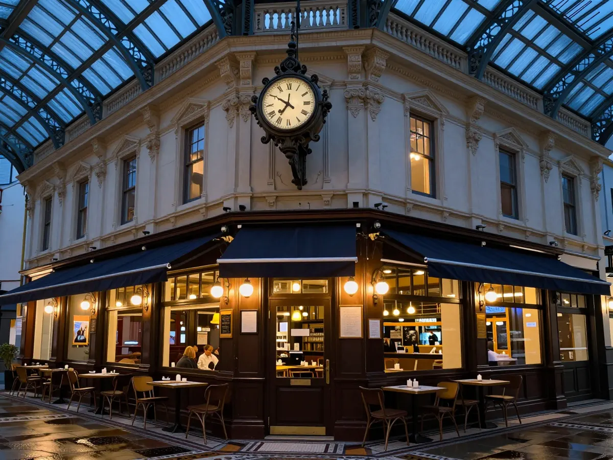 AI-generated photograph: A trattoria inside a glass roofed shopping arcade